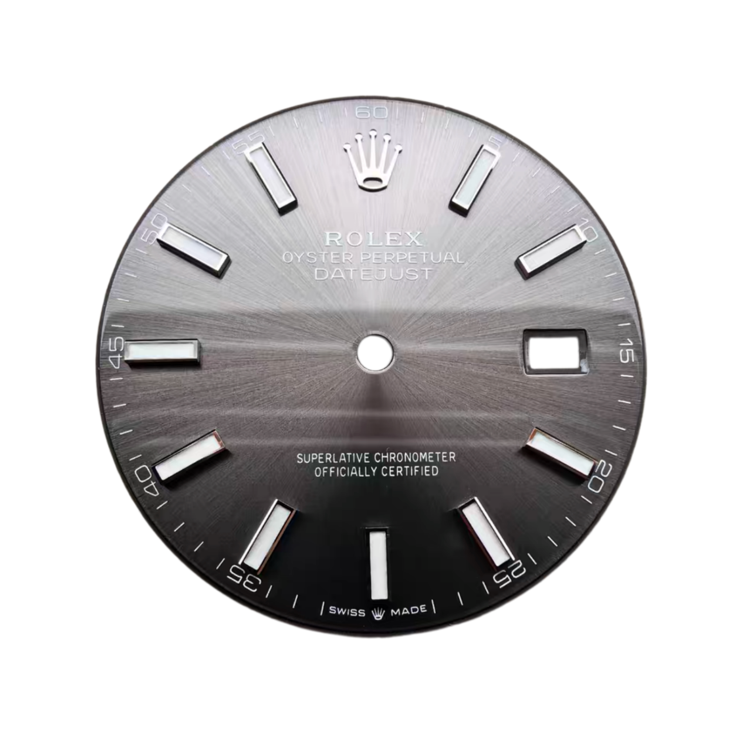 Grey sunburst Datejust dial with pressed lettering and rugby-ball crown